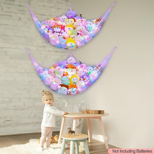Unicorn Castle Stuffed Animals Net or Hammock Kids Toy Storage Organizer with LED Light Hanging Corner Stuffed Animals Holder Kids Girls Room Decor,Blue-Purple,Large (Pack of 2)