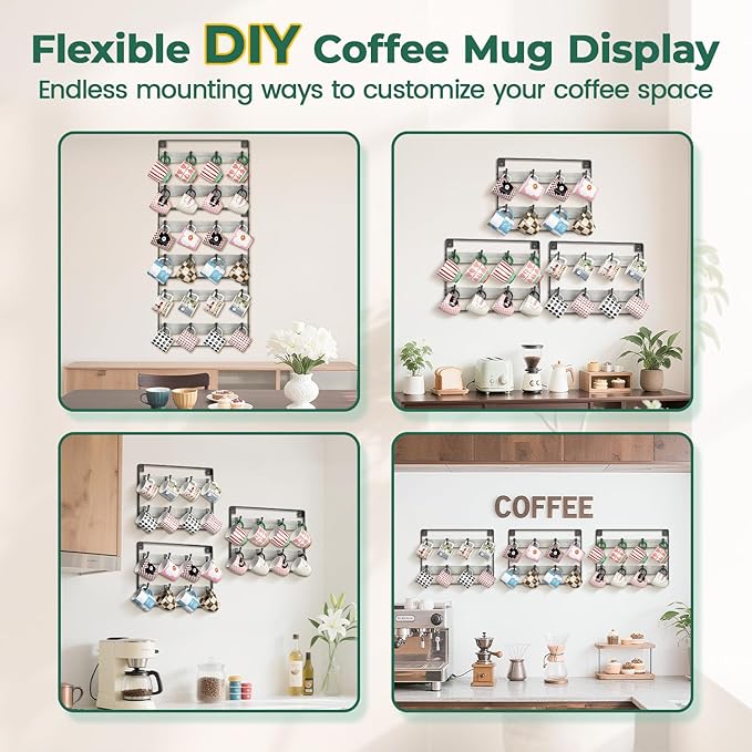 EsLuker.ly Mug Holder Hanger Rack Wall Mounted Wooden 3 Pack Coffee Cup Storage Organizer Display Shelf with 24 Removable Plastic Hooks, Ideal for Mug Collectors, Light Grey-Black