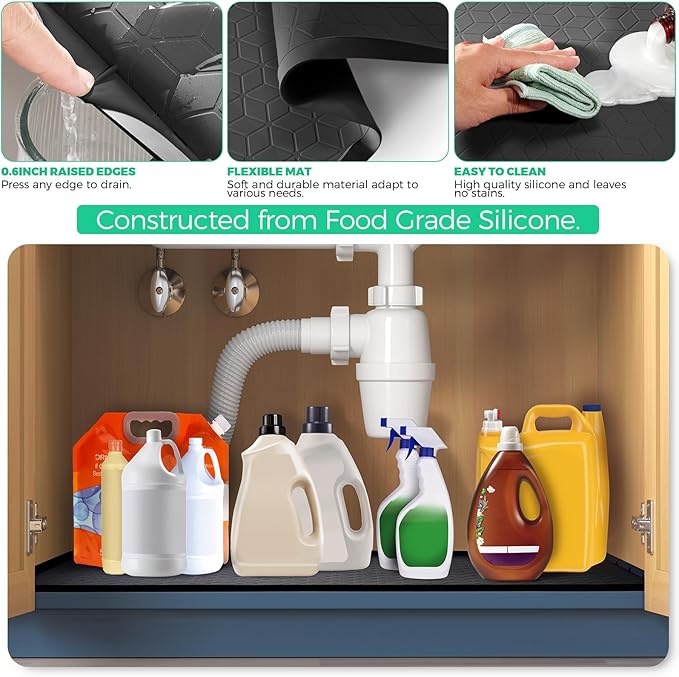 TRZZ Silicone Waterproof Under Sink Mat 28" x 22", Drip Tray and Cabinet Liner for Kitchen and Bathroom, Prevents Water Damage and Organizes Cabinets (Black)