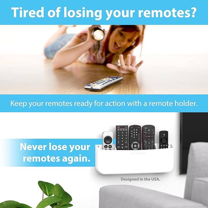 TotalMount Hole-Free Remote Holder – Eliminates The Need to Drill Holes in Your Wall (Premium White Remote Control Holder for 5 or 6 Remotes)
