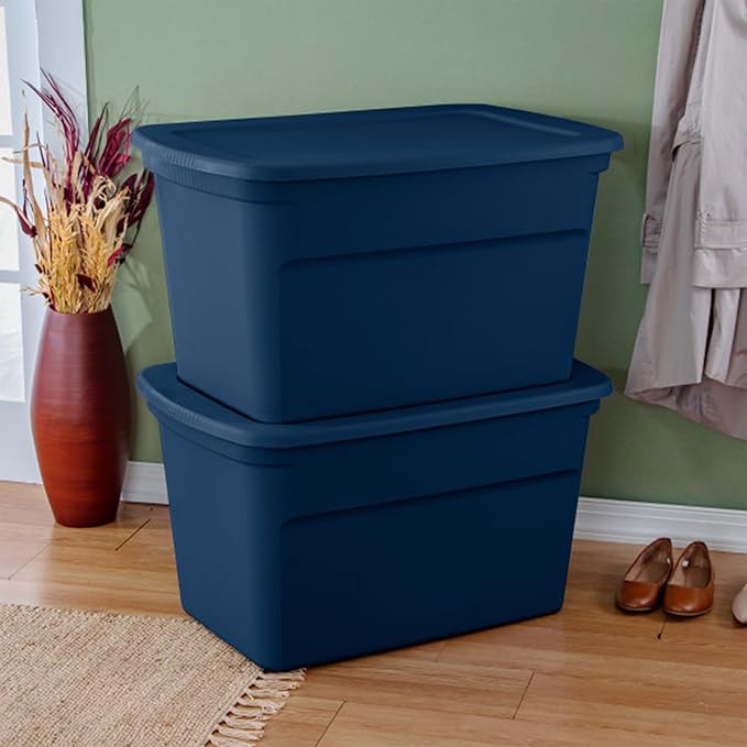 Sterilite 24-Pack Tote, Plastic Storage Bins with Snap Lids, 30 Gallon, Marine Blue - Stackable Home Organizers with In-Molded Handles for Bedroom, Garage, Basement and Attic