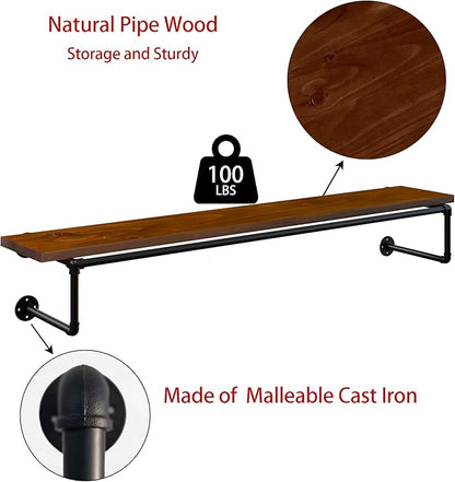 Clothes Rack 60in, Wall Mounted Garment Racks with Real Walnut Wood Shelf, Heavy Duty Hanging Clothes Rack, Multi-Purpose Hanging Rod, Space-Saving Closet Storage