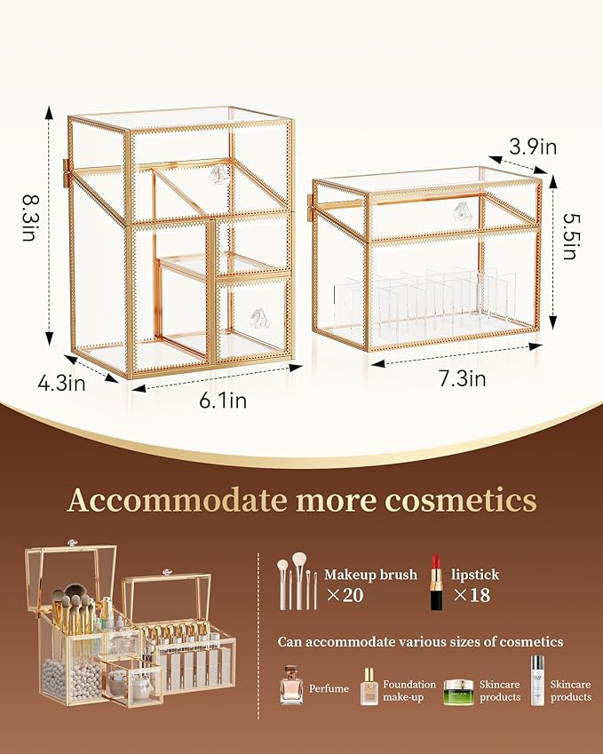 CoralHouse Glass Makeup Organizer Set – Vanity Organizer with 18-Slot Lipstick Organizer & Makeup Brush Holder with Lid – Skincare, Perfume & Cosmetic Storage for Bathroom or Dresser
