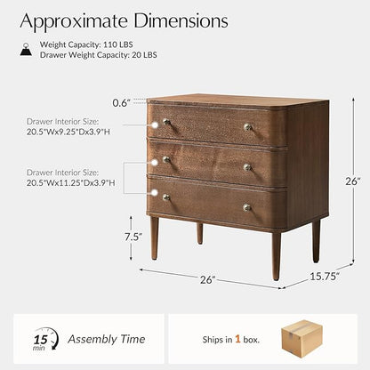 HULALA HOME Modern End Table with Charge Station, 3 Drawer Wood Side Table with Solid Wood Legs & Adjustable Feet, Curved Design End Table, Walnut