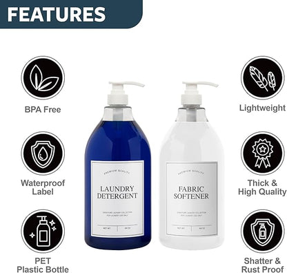Calindiana Modern Farmhouse Liquid Laundry Detergent and Fabric Softener Dispenser for Laundry Room Decor and Organization, PET Plastic Landry Soap Containers with Water Resistant Labels, Clear 64oz