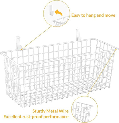 2 Sets Extra Large Hanging Wall Basket, White Metal Wire Baskets with Steel Hooks for Organizing, WallmountedFruit Vegetable Toy Snack Storage, Home Kitchen Bathroom Laundry Pantry Organizer