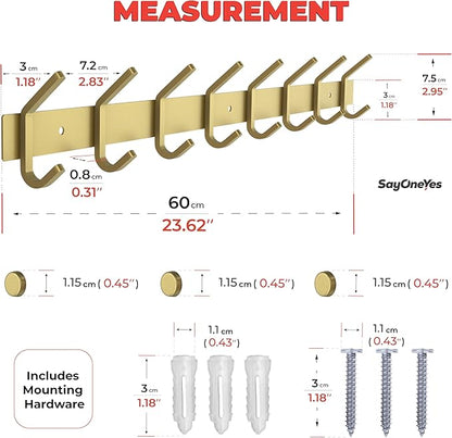 Brushed Gold Wall Mounted Coat Rack – 24 Inch Stainless Steel Rail with 8 Double Coat Hooks for Entryway, Bathroom, Bedroom, Kitchen – Modern Gold Hook Rack for Coats, Hats, Towels