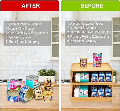 PLITTPETTS Bamboo Can Organizer for Pantry, 2 Tier Bamboo Pantry Organizer for Kitchen Counter, Cat Food Storage Holds Up to 36 Cans, Can Rack Organizer for Human and Pet Food Cans, FIFO Design