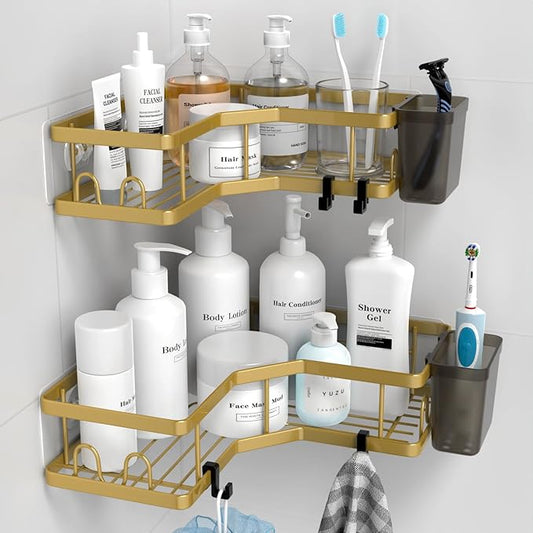 AKTECKE Corner Shower Caddy Organizer Shelf: 2Pack Adhesive Shower Rack, No Drilling Stainless Steel Shower Storage Shelves for Bathroom Kitchen (Gold)