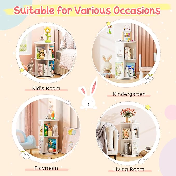 HONEY JOY Kids Rotating Bookshelf, Wooden Spinning Small Corner Organizer w/Baffles, 360°Display Standing Toddler Bookshelf, Narrow Storage Rack, Montessori Book Shelf for Nursery, Playroom (White)