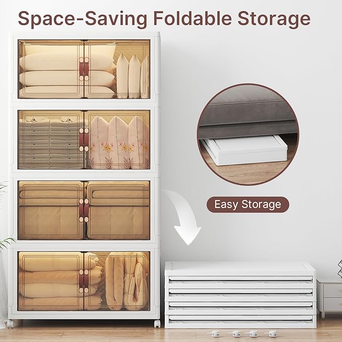 Extra Large Stackable Storage Bins, Lockable Storage Bins with Lids, Folding Storage box with Doors and Wheels, Collapsible Plastic Drawers for Home, Garage, Office (4, White, Extra Large)