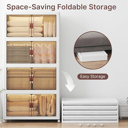 Extra Large Stackable Storage Bins, Lockable Storage Bins with Lids, Folding Storage box with Doors and Wheels, Collapsible Plastic Drawers for Home, Garage, Office (4, White, Extra Large)