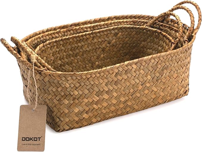 DOKOT Woven Rattan Baskets - Set of 3, Perfect for Kitchen Storage and Organizing Fruits