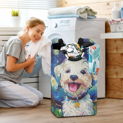 Laundry Hamper Basket Dog Starry Night Blue Storage Basket Collapsible Clothes Hamper with Handle Decorative Organizer Bins Basket for Laundry Room Bedroom Clothes College