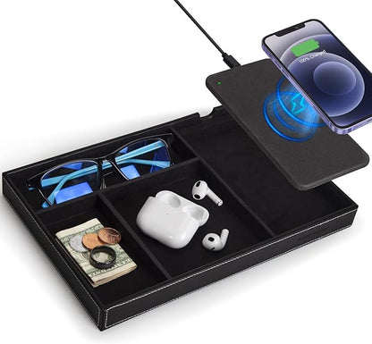 Valet Tray with Wireless Charger, Faux Leather Nightstand Organizer, Catch-All Tray for Entryway Table Key, Wallet, Watch, Coin Change, Phone (Black)