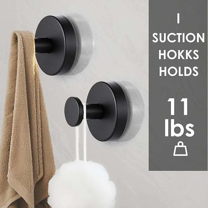 PZTO Suction Cup Hooks:Metal Hanger,for Galss Window Door & Tile Wall,Shower Bathroom Towel Holder Hanging Hook, 2 Pack (Matte Black)