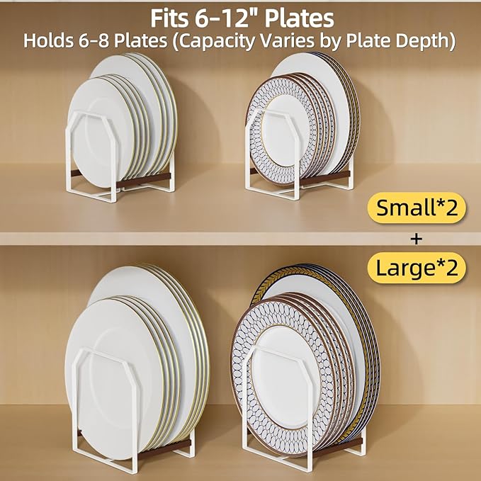 TIPSYTREE 4 Pack Plate Organizer for Cabinet, Arched Metal Dish Holder Rack, Plate Rack Organizer for Cupboard, Space Saver Dish Storage Rack, Holds 6–12 Inch Plates, 2 Large 2 Small, White