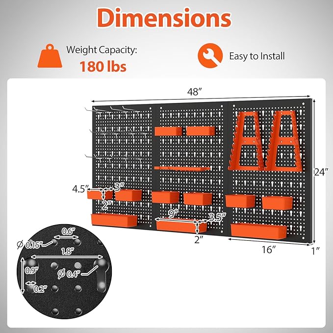 Tool Pegboard Organizer, 4 FT Metal Pegboard Wall with Hooks, Storage Bins & Tool Holders, Peg Board Kit Garage Storage System for Workbench Shed, Craft Room & Workshop (Black+Orange)