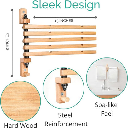 Swivel Towel Rack - Clothes Drying Rack Wall Mounted - Crafted with Rustic Hard Wood - 5 Durable Rods, Stylish and Home Docor Design for Bathroom, Laundry Room