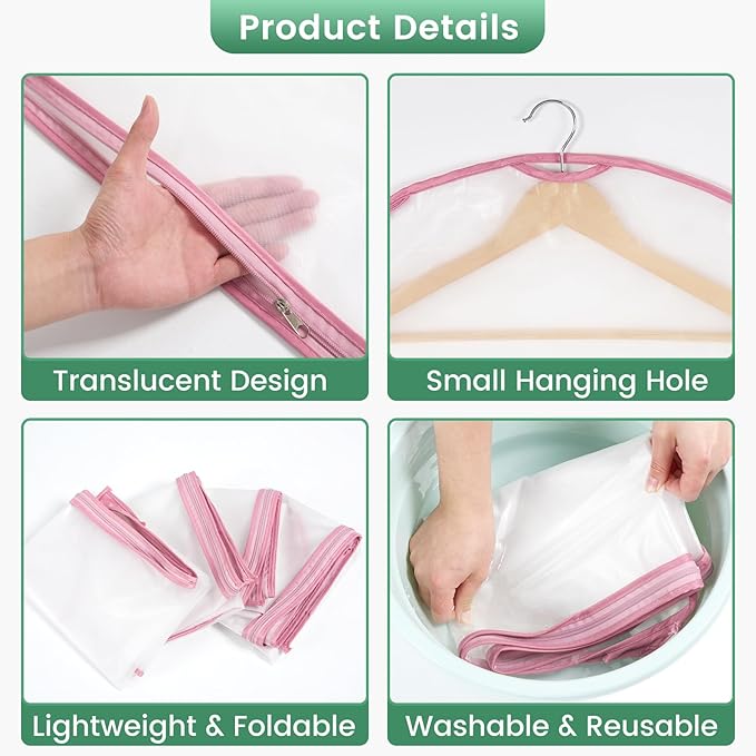 6 Pack Garment Bags for Hanging Clothes - Translucent Suit Bag for Closet Storage, Clothes Cover for Hanging Shirts, Dresses, Travel, Moving - Pink