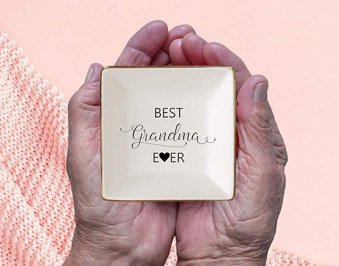 Simply Charmed Best Grandma Ever - Valentine's Day Gift – Ceramic Jewelry Dish, Ring Holder, Trinket Tray – Elegant Birthday Gift for Grandmother