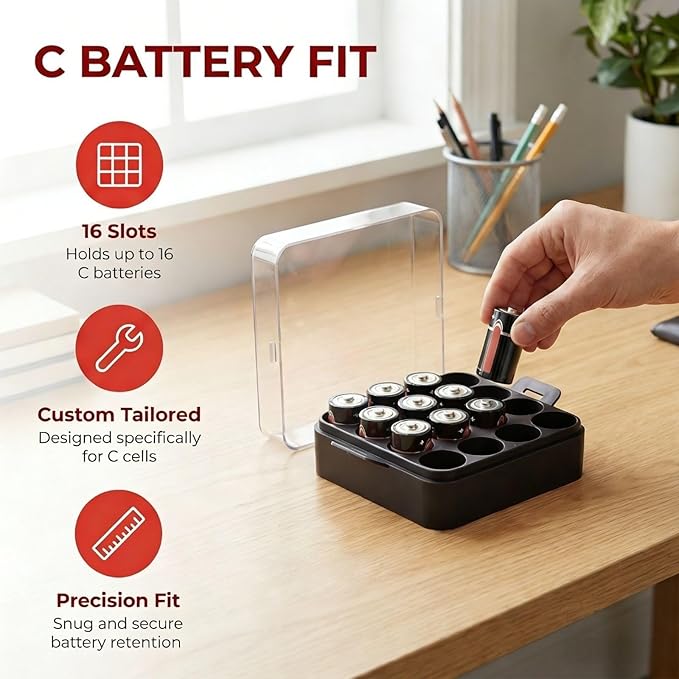 ALCYON Battery Organizer Storage Case, Battery Vault Box Container for 16pcs C Batteries, Plastic Clear Protective Battery Holder for Travelling/Home/Office (Black, Medium)