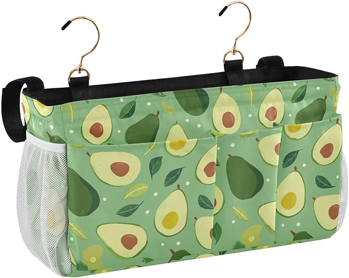 CuwrYet Bedside Caddy Hanging Bunk Bed Caddy Bed Organizer Hanging Pocket with 2 Hooks Bedside Storage Organizer Pocket Bag Holder Green Avocado and Leaf