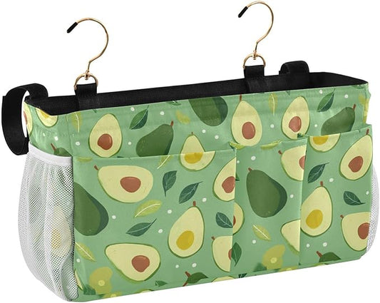 CuwrYet Bedside Caddy Hanging Bunk Bed Caddy Bed Organizer Hanging Pocket with 2 Hooks Bedside Storage Organizer Pocket Bag Holder Green Avocado and Leaf