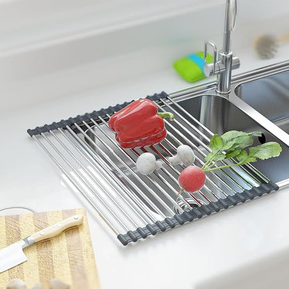 AXIMIXAME Expandable Large Draining Rack, Roll Up Heat-Resistant Dish Drainer for Stainless Steel Sinks, Collapsible Over The Sink Rack Non-Slip Silicone Rolling Up Rack 18 Tube