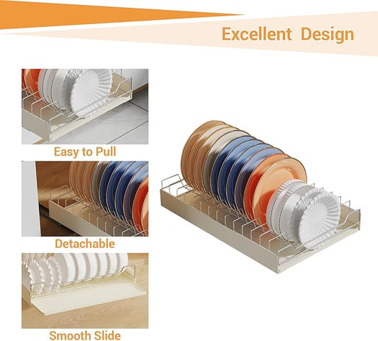 Pull-Out Cabinet Dish Drying Rack - Dish Drying Rack Stainless Steel 2-Tier Kitchen Organizer for Plates Bowls, Under-Counter Space Saving Storage Rack, Adjustable（White）