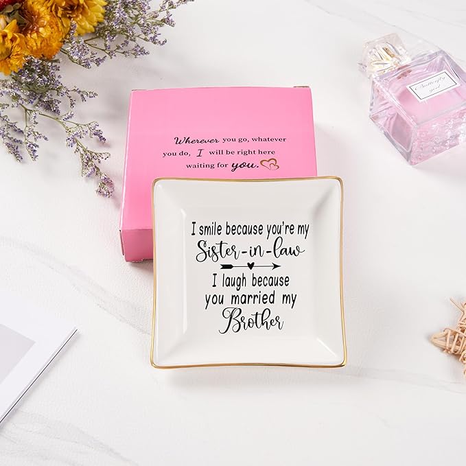 Spegiffu Sister in Law Gifts Ring Dish- I Smiled Because You're My Sister in Law Jewelry Dish Tray Trinket Dish, Birthday Gifts for Sister in Law Wedding Christmas Valentines Mother's Day Gift, White