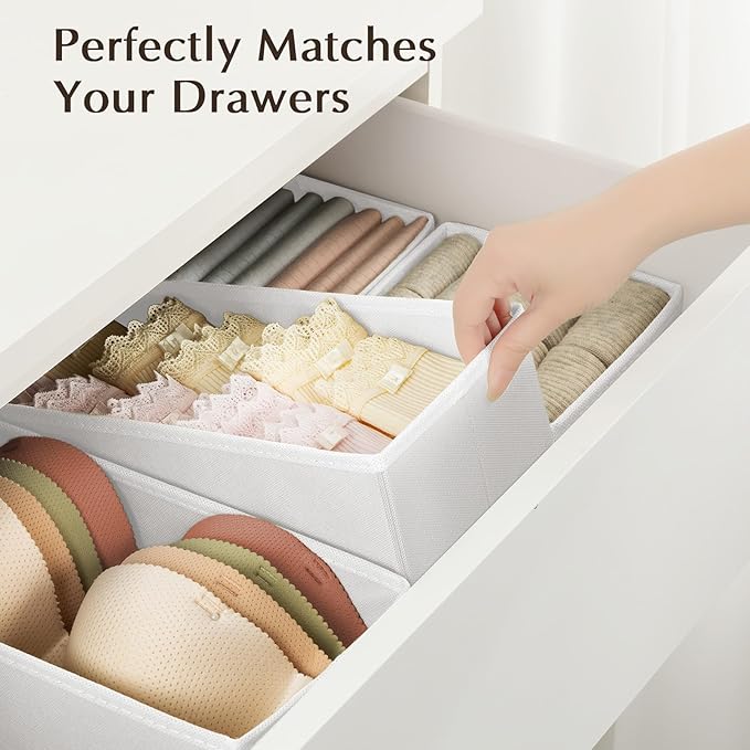 DIMJ Drawer Organizers Clothes, Set of 12 Dresser Organizer Bins, Fabric Closet Organizers and Storage, Shallow Drawer Dividers for Nursery, Clothing, Baby Clothes, Socks, Underwears, Tie (White)