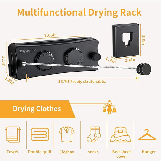 Retractable Clothesline Indoor & Outdoor, Non-Sagging Wall Mounted Drying Rack Clothesline, 16.7 Ft Stainless Steel Wire Double Clothes Lines, Hanging Clothes line for Balcony, Courtyards(Black)