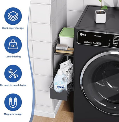2 Tier Magnetic Shelves for Washing Machine with Pull Out Metal Drawer,Magnetic Spice Rack for Fridge,Magnetic Rack with no Installation, Versatile Storage Organizers for Home (Black, 2 Tier)