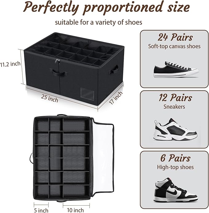 PAKISOU 24 Pair Shoe Storage Box, Foldable Closet Shoe Organizer with Adjustable Dividers & Clear Cover, Space-Saving Shoe Containers for Home