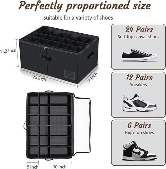 PAKISOU 24 Pair Shoe Storage Box, Foldable Closet Shoe Organizer with Adjustable Dividers & Clear Cover, Space-Saving Shoe Containers for Home