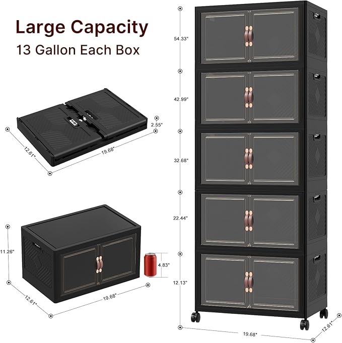 Extra Large Stackable Storage Bins, Lockable Storage Bins with Lids, Folding Storage box with Doors and Wheels, Collapsible Plastic Drawers for Home, Garage, Office (5, Black, Medium)