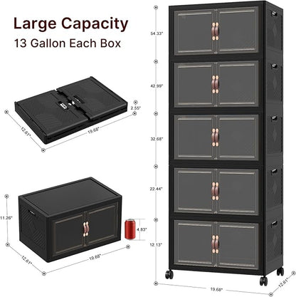 Extra Large Stackable Storage Bins, Lockable Storage Bins with Lids, Folding Storage box with Doors and Wheels, Collapsible Plastic Drawers for Home, Garage, Office (5, Black, Medium)