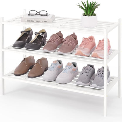 Smiry Bamboo Shoe Rack 3-Tier, Stackable Wooden Shoe Organizer for Entryway & Closet, Free Standing Wood Shoe Storage Shelf for Front Door & Small Spaces, White