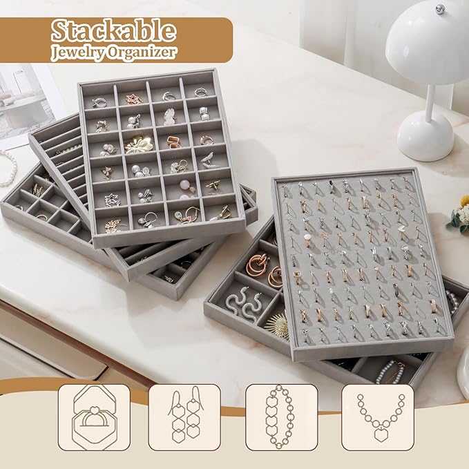 KATISYIO Large Velvet Jewelry Tray 2 Pack Stackable Jewelry Display Drawer Inserts Trays Organizer for Earring Bracelet Necklace Ring (Gray, 16 Grids)
