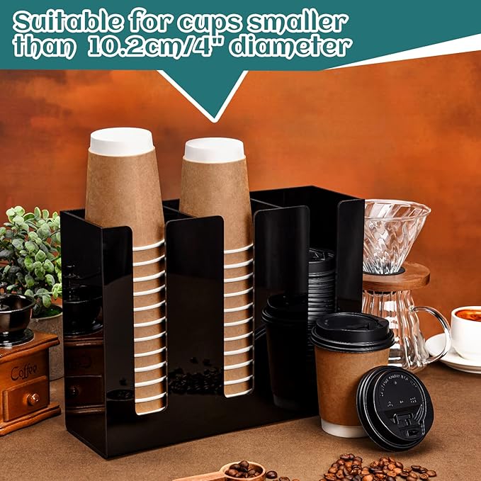 Cunhill 3 Compartments Acrylic Coffee Cup and Lid Dispenser Organizer Disposable Paper Cup Holder Coffee Shop Supplies Holder Storage for Station Home Countertop Bar Kitchen Party(Black)