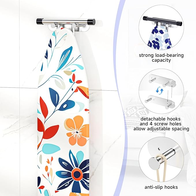Ironing Board Holder Wall Mount,Ironing Board Hanger with Removable Hooks, Laundry Rooms Stainless Steel Ironing Boards Hook for Wall for Y or T Leg (Silver)