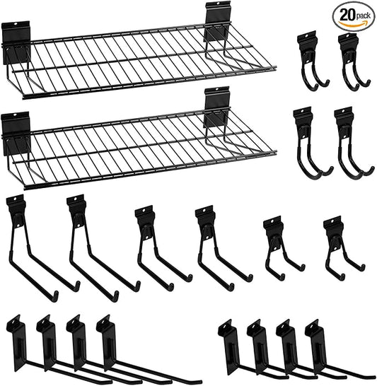 20PCS Slatwall Accessories Set, Includes 2 Pack Slatwall Wire Shelves (24 inches Width) and 18 Pack Heavy Duty Multisize Slatwall Hooks for Garage Organization, Retail Display (24 Inch)