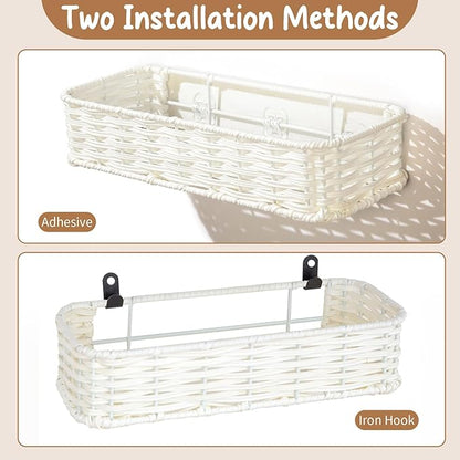 Hanging Wall Basket, Adhesive Wall-Mounted Organizer for Storage, Plastic Wicker Woven Storage Shelves for Kitchen, Bedroom, Bathroom, Livingroom, 2-Pack, Off White Color