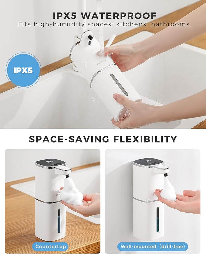 DODO MEKIA Automatic Foaming Soap Dispenser, 13.5oz/400mL, USB Rechargeable, 9-Adjustable Foam Levels, IPX5 Waterproof, Touchless & Wall/Tabletop Use for Kitchen Bathroom, White