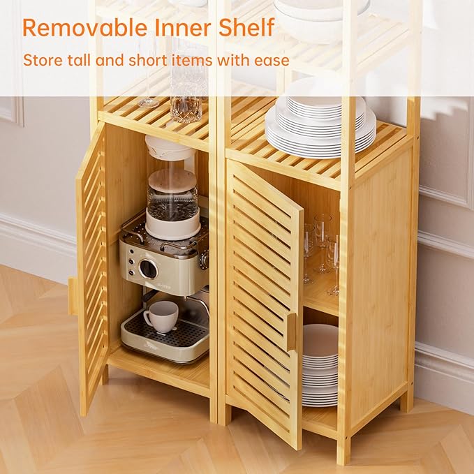 HITNET Bathroom Floor Cabinet, 6 Tier Tall Thin Linen Tower Storage Cabinet Free Standing Bamboo, Kitchen Side Organizer with 3 Shelves and Cupboard, Natural