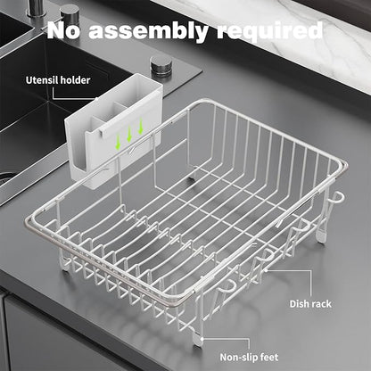 jouzevic Dish Drying Rack in Sink: Expandable, 3-Slot Utensil Holder, Anti-Slip Handle. Small Dish Rack: Ideal for Small Households. Kitchen Drying Rack: White