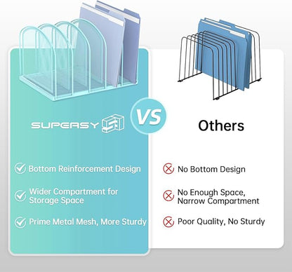SUPEASY File Organizer 5-Section Mesh Desk Organizer, Upright File Organizer Desktop Organizer File Sorter, File Folder Holder for Office Supplies, Blue