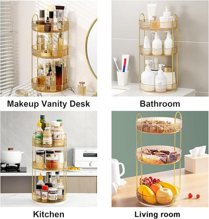 Weidace 360 Rotating Makeup Organizer for Vanity, Bathroom Countertop Spinning Perfume Organizer, High-Capacity Cosmetic and Skincare Dresser Make Up Holder Rack (3 Tiers, Yellow)