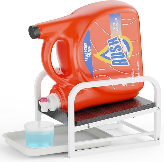 Laundry Detergent Holder Liquid Laundry Detergent Riser and Stand, Liquid Detergent Holder with Drip Tray for Laundry Room Organization (Tilted-Black Wood)